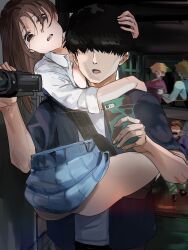 Rule 34 | 1girl, 4boys, arm around neck, ass, black bag, black hair, black jacket, blonde hair, blue skirt, brown eyes, brown hair, camera, commentary request, disembodied torso, faceless, faceless male, fanny pack, funi mu9, hand on another&#039;s head, head tilt, highres, holding, holding camera, holding phone, jacket, leg lock, multiple boys, no eyes, open clothes, open mouth, open shirt, orange hair, original, phone, scared, shirt, skirt, white shirt