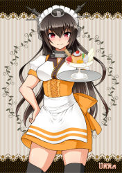 Rule 34 | 10s, 1girl, adapted costume, alternate costume, apron, black hair, black thighhighs, blush, breasts, cup, dessert, enmaided, food, hairband, headgear, kantai collection, long hair, maid, maid apron, maid headdress, nagato (kancolle), personification, pudding, red eyes, skirt, smile, solo, thighhighs, tray, uran (uran-factory), waitress