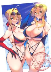 Rule 34 | 2girls, :q, absurdres, ahoge, artoria pendragon (fate), artoria pendragon (lancer) (fate), bare shoulders, blonde hair, blue gloves, blue legwear, blue ribbon, blush, braid, breasts, choker, cleavage, covered erect nipples, crown braid, curvy, detached sleeves, elbow gloves, eyewear on head, fate/extra, fate/grand order, fate (series), funaya (a2brasd), gloves, green eyes, hair between eyes, hair ornament, hand on own hip, highres, huge breasts, large breasts, leotard, looking at viewer, multiple girls, navel, nero claudius (fate), nero claudius (fate) (all), nero claudius (fate/extra), one eye closed, plump, puffy sleeves, red ribbon, ribbon, shaded face, stomach, sun, sunglasses, sunlight, swimsuit, thighhighs, toned, tongue, tongue out