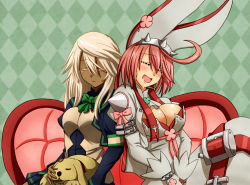 Rule 34 | 2girls, = =, ahoge, animal, arc system works, ascot, belt, blonde hair, blush, bow, bra, breasts, bridal veil, cleavage, cleavage cutout, clothing cutout, clover, colored eyelashes, couch, dark-skinned female, dark skin, dog, dress, drooling, earrings, elphelt valentine, closed eyes, four-leaf clover, gloves, guilty gear, guilty gear xrd, hairband, hasebe akira, huge ahoge, huge breasts, jewelry, large breasts, leaning, leaning on person, long hair, multiple girls, open mouth, pink hair, ramlethal valentine, red bra, ribbon, saliva, short hair, siblings, sisters, sleeping, smile, spikes, underwear, veil, wedding dress