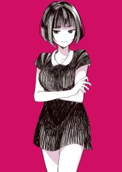 Rule 34 | 1girl, bob cut, chisumi, closed mouth, collared dress, crossed arms, dress, looking at viewer, nail polish, original, red background, red nails, short dress, short hair, short sleeves, simple background, smile, solo, standing