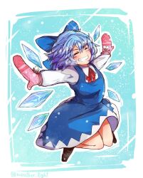 Rule 34 | 1girl, black footwear, blue background, blue bow, blue dress, blue hair, bow, cirno, closed eyes, collared shirt, commentary, detached wings, dress, full body, gloves, hair bow, highres, ice, ice wings, long sleeves, looking at viewer, outline, red gloves, shirt, short hair, solo, touhou, twitter username, weather (hamamurataka), white outline, white shirt, wings