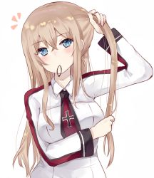 Rule 34 | 10s, 1girl, blonde hair, blush, breasts, capelet, chiune (yachi), cross, graf zeppelin (kancolle), hair between eyes, hair half undone, iron cross, kantai collection, large breasts, long hair, long sleeves, looking at viewer, necktie, no gloves, no headwear, no headwear, simple background, solo, tying hair, uniform, white background