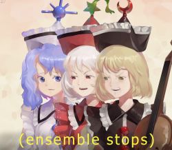Rule 34 | 3girls, blonde hair, blue eyes, blue hair, buttons, crescent, dated, disgust, english text, frills, frown, glaring, hat, instrument, jazz music stops, lunasa prismriver, lyrica prismriver, meme, merlin prismriver, multiple girls, open mouth, red eyes, riki6, signature, simple background, star (symbol), teeth, touhou, violin, white hair, yellow eyes