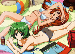 Rule 34 | 00s, 2girls, :d, absurdres, antenna hair, arm grab, arm up, ass, back, bag, beach, bikini, black bikini, blush, book, breast press, breasts, can, cleavage, comic party, comic party revolution, crossed arms, drink, fang, from above, glasses, green hair, hair between eyes, hair ribbon, hand on head, hand on own stomach, head tilt, highres, inagawa yuu, innertube, ishihara keiji, kneepits, large breasts, long hair, looking at viewer, low-tied long hair, lying, megami magazine, multiple girls, narrow waist, navel, non-web source, oba eimi, official art, on back, on stomach, ooba eimi, open mouth, outdoors, red eyes, red hair, ribbon, scan, short hair, side-tie bikini bottom, sideboob, small breasts, smile, strap slip, sunbathing, swim ring, swimsuit, topfreedom, topless, towel, twintails, untied bikini, white bikini