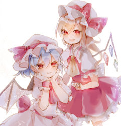 Rule 34 | 2girls, ascot, back bow, bat wings, blonde hair, blue hair, bow, crystal, dress, fang, flandre scarlet, frilled shirt, frilled shirt collar, frilled skirt, frilled sleeves, frills, hands on own cheeks, hands on own face, hat, hat ribbon, looking at viewer, mob cap, multiple girls, one side up, open mouth, pink dress, puffy short sleeves, puffy sleeves, purple ascot, purple bow, purple ribbon, red bow, red eyes, red ribbon, red skirt, red vest, remilia scarlet, ribbon, ribbon trim, sash, shirt, short hair, short sleeves, siblings, sisters, skirt, smile, sorani (kaeru0768), touhou, v-shaped eyebrows, vest, white shirt, wings, wrist cuffs, yellow ascot