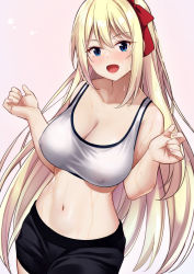 Rule 34 | 1girl, absurdres, bare shoulders, blonde hair, blue eyes, blush, breasts, cleavage, hair ribbon, highres, karaage bou, large breasts, long hair, looking at viewer, midriff, navel, open mouth, original, ribbon, shorts, solo, sports bra, sweat, tank top, very long hair