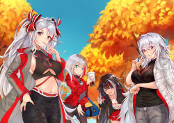 Rule 34 | 4girls, :d, absurdres, admiral graf spee (azur lane), ahoge, alternate costume, autumn, azur lane, bag, bag charm, between breasts, black jacket, black pants, blue eyes, blue sky, blunt bangs, bow, breasts, bubble tea, casual, charm (object), claw pose, closed mouth, clothing cutout, coat, cowboy shot, crop top, cross, cup, day, deutschland (azur lane), disposable cup, finger to mouth, graf zeppelin (azur lane), grey coat, grey pants, grey shirt, hair bow, hand on own hip, highres, holding, holding cup, iron cross, jacket, ko-ma, large breasts, leaning forward, long hair, long sleeves, looking at viewer, miniskirt, mole, mole on breast, multicolored hair, multiple girls, open clothes, open coat, open jacket, open mouth, orange eyes, outdoors, pants, parted lips, prinz eugen (azur lane), red bow, red hair, red jacket, red skirt, shirt, short hair, skirt, sky, smile, streaked hair, tree, two side up, underboob, underboob cutout, very long hair, white coat, white hair, white shirt