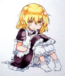 Rule 34 | 1girl, apron, bad id, bad twitter id, bags under eyes, blonde hair, bloomers, commentary, d:, dress, highres, holding stomach, kirisame marisa, looking at viewer, no headwear, no headwear, open mouth, sasa kichi, sick, sitting, skirt, socks, solo, sweat, nervous sweating, touhou, underwear, wavy hair, white footwear, white socks, yellow eyes