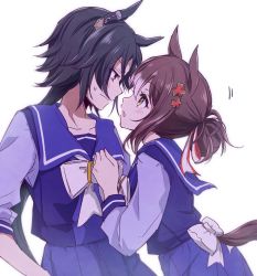Rule 34 | 2girls, air shakur (umamusume), animal ears, ayame iro (toumei dolce), black hair, blush, brown hair, clover hair ornament, cowboy shot, double bun, eye contact, fine motion (umamusume), hair bun, hair ornament, hand on another&#039;s chest, highres, horse ears, horse girl, horse tail, long hair, long sleeves, looking at another, medium hair, motion lines, multicolored hair, multiple girls, open mouth, purple shirt, purple skirt, sailor collar, school uniform, shirt, sideways mouth, simple background, skirt, sleeves pushed up, sweatdrop, tail, tracen school uniform, two-tone hair, umamusume, white background, yellow eyes