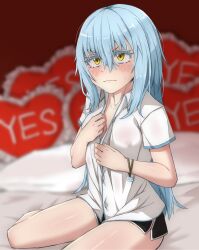 Rule 34 | 1other, bed, blue hair, blush, covered erect nipples, embarrassed, hagetaka chourou, highres, nipples, nose blush, pillow, rimuru tempest, tensei shitara slime datta ken, thighs, yes-no pillow