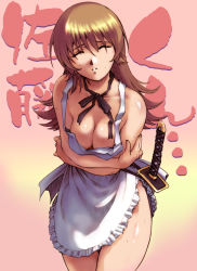 Rule 34 | 1girl, apron, blush, breast hold, breasts squeezed together, breasts, brown hair, cleavage, closed eyes, hisahiko, large breasts, leaning forward, long hair, naked apron, ribbon, solo, sword, todoroki yachiyo, weapon, working!!