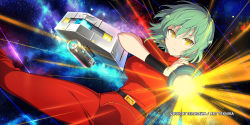 Rule 34 | 1girl, aiming, aiming at viewer, belt, closed mouth, cobra (space adventure cobra), cosplay, crossover, green hair, gun, hand up, hands up, highres, hikage (senran kagura), holding, holding weapon, medium hair, official art, pants, red footwear, red pants, red shirt, senran kagura, senran kagura new link, shirt, solo, space, space adventure cobra, weapon, wristband, yellow eyes