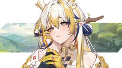 Rule 34 | 1girl, arknights, bare shoulders, blonde hair, blue hair, blush, branch, bright pupils, collarbone, colored skin, dragon horns, earrings, green eyes, hand on another&#039;s cheek, hand on another&#039;s face, holding, holding weapon, horns, jewelry, long wuxian, looking at viewer, multicolored hair, necklace, outside border, parted lips, pointy ears, pov, shu (arknights), solo, upper body, weapon, white hair, yellow skin