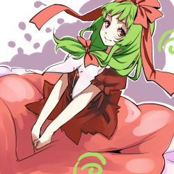 Rule 34 | 1girl, blush, bow, closed mouth, commentary request, dress, frilled sleeves, frills, front ponytail, green hair, hair bow, hair ribbon, kagiyama hina, long dress, looking to the side, medium hair, puffy short sleeves, puffy sleeves, red dress, red eyes, red ribbon, ribbon, short sleeves, smile, solo, touhou, white-aster