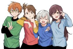 Rule 34 | 1boy, 3girls, aoi kyosuke, arm on another&#039;s shoulder, asymmetrical bangs, asymmetrical hair, black pants, blue shirt, braid, breasts, brown eyes, brown hair, closed eyes, closed mouth, cowboy shot, earrings, fingernails, futami ami, glasses, green-framed eyewear, green shirt, grey hair, hair between eyes, hand on own chin, hands up, height difference, high side ponytail, highres, hisakawa hayate, holding, holding another&#039;s arm, holding another&#039;s wrist, idolmaster, idolmaster (classic), idolmaster cinderella girls, idolmaster shiny colors, idolmaster side-m, in-franchise crossover, jewelry, kyouno, long hair, long sleeves, looking at viewer, matching hair/eyes, medium breasts, medium hair, miroir (idolmaster), multicolored clothes, multiple girls, one eye closed, open mouth, orange eyes, orange hair, osaki amana, pants, pink nails, semi-rimless eyewear, shirt, siblings, side ponytail, sidelocks, simple background, small breasts, smile, standing, straight-on, straight hair, swept bangs, trait connection, twins, v, w (idolmaster), white background, wink