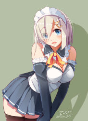 Rule 34 | 10s, 1girl, alternate costume, bad id, bad pixiv id, bare shoulders, black thighhighs, blue eyes, blush, breasts, cleavage, detached collar, elbow gloves, enmaided, gloves, grey hair, hair ornament, hair over one eye, hairclip, hamakaze (kancolle), highres, kantai collection, large breasts, leaning forward, looking at viewer, maid, maid headdress, open mouth, short hair, skirt, solo, tebi (tbd11), thighhighs, zettai ryouiki