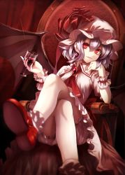 Rule 34 | 1girl, alcohol, ascot, bat wings, bloomers, bobby socks, brooch, chair, crossed legs, cup, dress, drinking glass, earrings, fami (yellow skies), hat, highres, jewelry, lips, mary janes, md5 mismatch, nail polish, purple hair, red eyes, red nails, remilia scarlet, shoes, short hair, sitting, slit pupils, smile, socks, solo, throne, touhou, underwear, white socks, wine, wine glass, wings, wrist cuffs