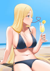 Rule 34 | 1girl, absurdres, arm at side, bare shoulders, beach, bendy straw, bikini, black bikini, blonde hair, blue eyes, blue sky, blush, breasts, cleavage, cocktail, cocktail glass, collarbone, crazy straw, cup, day, drinking, drinking glass, drinking straw, eyelashes, gou d, halterneck, hand up, heart straw, highres, horizon, ice, ice cube, large breasts, long hair, looking away, midriff, navel, o-ring, o-ring bikini, o-ring bottom, o-ring top, ocean, original, outdoors, parted bangs, profile, sand, sidelocks, sitting, sky, solo, stomach, swimsuit, tropical drink, very long hair, water