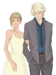 Rule 34 | 10s, 1boy, 1girl, arm grab, holding another&#039;s arm, bare shoulders, blonde hair, braid, dress, earrings, eyelashes, closed eyes, flower, formal, green eyes, green hair, hair flower, hair ornament, hairpin, hands in pockets, huang baoling, ivan karelin, jewelry, necktie, aged up, pants, ramta, short hair, sleeveless, smile, suit, tiger &amp; bunny