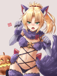 Rule 34 | 1girl, animal ears, blonde hair, breasts, cosplay, elbow gloves, fake animal ears, fake tail, fate/apocrypha, fate/grand order, fate (series), fur collar, fur trim, gloves, green eyes, halloween costume, haura akitoshi, jack-o&#039;-lantern, long hair, mash kyrielight, mash kyrielight (dangerous beast), mash kyrielight (dangerous beast) (cosplay), mordred (fate), mordred (fate/apocrypha), o-ring, o-ring top, official alternate costume, open mouth, ponytail, pumpkin, purple gloves, purple thighhighs, revealing clothes, ribbon, simple background, small breasts, solo, sweatdrop, tail, thighhighs, wolf ears, wolf girl, wolf tail