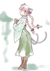 Rule 34 | 1girl, alternate costume, animal ears, black bow, boots, bow, braid, brown footwear, cat ears, cat tail, dress, extra ears, from side, full body, green dress, hair bow, kaenbyou rin, long hair, long sleeves, looking at viewer, multiple tails, nekomata, open mouth, rangycrow, red hair, side braids, solo, standing, tail, touhou, twin braids, two tails, wide sleeves