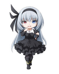 Rule 34 | 1girl, black dress, black footwear, black hairband, black pantyhose, blue eyes, boots, breasts, chibi, copyright request, dress, fang, full body, grey hair, hair between eyes, hairband, hand on own hip, heterochromia, kuena, layered dress, long hair, looking at viewer, open mouth, pantyhose, pleated dress, puffy short sleeves, puffy sleeves, red eyes, short sleeves, simple background, small breasts, solo, very long hair, white background