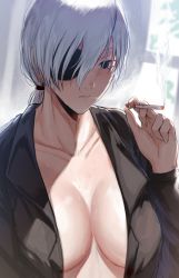 Rule 34 | 1girl, black shirt, breasts, chainsaw man, cigarette, cleavage, collared shirt, eyepatch, hair over one eye, highres, holding, holding cigarette, large breasts, long hair, micchan (micchanmeido), ponytail, quanxi (chainsaw man), shirt, sweat, white hair, window