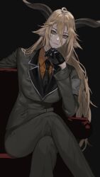 Rule 34 | 1girl, absurdres, ahoge, animal ear fluff, animal ears, arknights, arm rest, arm support, armband, black gloves, black necktie, blonde hair, breast pocket, breasts, brown horns, buttons, closed mouth, collared shirt, commentary, couch, crossed legs, dark, degenbrecher (arknights), double-parted bangs, dress shirt, expressionless, eyelashes, feet out of frame, gloves, goat ears, goat girl, goat horns, green jacket, green pants, grey armband, grey background, hair between eyes, hair flowing over, hand on own chin, hand out of frame, hand up, hatching (texture), highres, horns, hotke, jacket, lapels, large breasts, leaning, leaning to the side, linear hatching, lips, long bangs, long hair, long sleeves, looking at viewer, military, military jacket, military uniform, necktie, notched lapels, on couch, open hand, orange shirt, pants, pocket, shade, shadow, shirt, sidelocks, simple background, sitting, solo, straight hair, uniform, very long hair, wing collar, yellow eyes