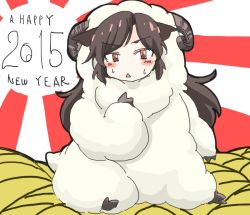 Rule 34 | 10s, 1girl, 2015, alternate costume, animal costume, animal ears, blush, brown hair, cink-knic, cosplay, happy new year, horns, imaizumi kagerou, kigurumi, long hair, looking at viewer, new year, open mouth, pointing, pointing at self, red eyes, sheep, sheep (chinese zodiac), sheep costume, sheep ears, sheep girl, sheep horns, sitting, solo, touhou, wolf ears