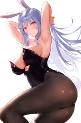 Rule 34 | 1girl, absurdres, alternate breast size, alternate hairstyle, animal ear fluff, animal ears, armpits, arms behind head, arms up, ass, bare shoulders, black pantyhose, blue hair, breasts, bridal garter, closed mouth, commentary request, cosplay, highres, hololive, large breasts, leotard, long hair, looking at viewer, mature female, mugiusagi, pantyhose, pekomama, playboy bunny, rabbit ears, rabbit girl, rabbit tail, red eyes, revision, simple background, smile, solo, tail, thick eyebrows, thighs, usada pekora, usada pekora (1st costume), usada pekora (cosplay), virtual youtuber, white background