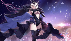 Rule 34 | 1girl, armor, armpits, artoria pendragon (fate), artoria pendragon (lancer alter) (fate), black leotard, blush, breasts, commentary request, cosplay, elbow gloves, fate/grand order, fate (series), garter straps, gauntlets, gloves, hair ornament, hand up, highres, holding, holding polearm, holding spear, holding weapon, large breasts, leotard, looking at viewer, navel, nero claudius (bride) (fate), nero claudius (bride) (fate) (cosplay), nero claudius (bride) (second ascension) (fate), nero claudius (fate), nero claudius (fate) (all), outdoors, overskirt, pale skin, parted lips, petals, polearm, rhongomyniad (fate), shiny clothes, sidelocks, silver hair, simple background, single garter strap, smile, solo, spear, sunrise, thighhighs, underboob, untue, veil, weapon, zipper, zipper pull tab