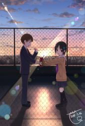 Rule 34 | 1boy, 1girl, averting eyes, bad id, bad pixiv id, black hair, blush, chain-link fence, fence, highres, looking at another, original, outstretched arms, rooftop, short hair, sunset, taka (tsmix), valentine