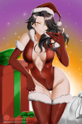 Rule 34 | 1girl, artist name, black hair, boots, box, breasts, cinder fall, cleavage, elbow gloves, fur trim, gift, gift box, gloves, hat, highres, kimmy77, leather suit, leotard, long hair, mask, medium breasts, mouth mask, orange eyes, red gloves, red thighhighs, rwby, sack, santa boots, santa costume, santa gloves, santa hat, solo, star (symbol), starry background, thigh gap, thighhighs, zipper