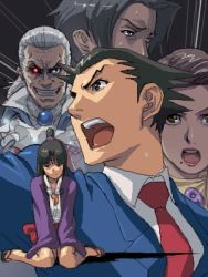 Rule 34 | 2girls, 3boys, ace attorney, black hair, blue jacket, capcom, clenched teeth, collared shirt, evil smile, formal, jacket, long hair, lowres, magatama, manfred von karma, matsudo aya, maya fey, mia fey, miles edgeworth, multiple boys, multiple girls, necktie, outstretched arm, phoenix wright, red eyes, red necktie, robe, shirt, silver hair, sitting, smile, spiked hair, spoilers, suit, teeth, upper body, very long hair, wariza