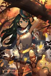 Rule 34 | 1girl, animal, arm up, autumn leaves, bird, blue eyes, blue skirt, bow, breasts, brown bow, brown footwear, brown gloves, commentary, dragalia lost, dress, english commentary, fingerless gloves, forest, gloves, green hair, hentaki, highres, holding, holding sheath, layered skirt, long hair, nature, odetta (dragalia lost), parted lips, sheath, sheathed, skirt, sleeveless, sleeveless dress, small breasts, smile, solo, sparkle, squirrel, sword, tree, very long hair, weapon, white dress