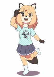 Rule 34 | 1girl, animal ears, blonde hair, bright pupils, english text, female focus, fox ears, fox tail, full body, furry, furry female, hair ornament, hairclip, highres, kadim, looking at viewer, open mouth, original, simple background, skirt, socks, solo, standing, standing on one leg, tail, v, white background, white pupils