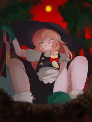 Rule 34 | 1girl, absurdres, apron, black hat, black skirt, black vest, blonde hair, blood, blood on face, blush, braid, closed mouth, commentary request, cookie (touhou), dated, dirt, full body, gloves, green gloves, hair between eyes, half-closed eyes, hat, highres, holding, holding shovel, kirisame marisa, looking at viewer, makaarami, puffy short sleeves, puffy sleeves, red eyes, red sky, shirt, short hair, short sleeves, shovel, single braid, skirt, skirt set, sky, smile, solo, squatting, sun, suzu (cookie), touhou, tree, turtleneck, unusually open eyes, vest, waist apron, white apron, white shirt, witch hat, yandere