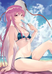 Rule 34 | 1girl, absurdres, adapted costume, arm behind back, arm support, beach, beach towel, bikini, blue bikini, blush, day, food, food in mouth, from side, front-tie bikini top, front-tie top, hata no kokoro, highres, knee up, long hair, looking at viewer, mask, mask on head, navel, ocean, on ground, outdoors, pink eyes, pink hair, plaid, plaid bikini, popsicle, popsicle in mouth, rice (okome no naru ki), sitting, solo, stomach, swimsuit, thighs, touhou, towel, very long hair