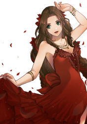 Rule 34 | 1girl, absurdres, aerith gainsborough, aerith gainsborough (red dress), alternate costume, backless dress, backless outfit, beckey9415, bracelet, breasts, brown hair, cleavage, dress, earrings, falling petals, final fantasy, final fantasy vii, final fantasy vii remake, flower, green eyes, hair flower, hair ornament, hair ribbon, highres, jewelry, long dress, long hair, nail polish, necklace, open mouth, petals, red dress, ribbon, ringlets, solo, square enix, wall market, white background