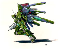 Rule 34 | 10s, 2011, antennae, assault rifle, commentary, gun, highres, jeff sorley, marker (medium), mecha, no humans, original, rifle, robot, running, shadow, signature, simple background, sketch, solo, traditional media, weapon