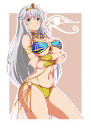 Rule 34 | 1girl, armlet, bikini, blue bikini, border, bracer, breast hold, breasts, cleopatra (oshioki pyramid den), closed eyes, closed mouth, commentary request, cowboy shot, crossed arms, green eyes, grey background, highres, jewelry, large breasts, long hair, looking at viewer, mismatched bikini, navel, neck ring, o-ring, o-ring bikini, oshioki pyramid den, outside border, qwel 08, silver hair, smile, solo, standing, swimsuit, tiara, usekh collar, white border, yellow bikini, yellow headwear