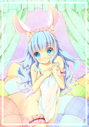 Rule 34 | 1girl, :&lt;, animal ears, blue eyes, blue hair, blush, rabbit ears, covering privates, covering breasts, elin, groin, highres, kt cano, long hair, matching hair/eyes, nude, solo, tail, tears, tera online, towel
