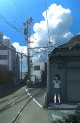 Rule 34 | 1girl, anyotete, black eyes, black footwear, black hair, blue sailor collar, blue skirt, blue sky, blurry, briefcase, building, bush, city, cityscape, cloud, commentary request, cumulonimbus cloud, day, depth of field, highres, holding, holding briefcase, loafers, medium hair, neckerchief, open mouth, original, outdoors, pleated skirt, power lines, railroad crossing, railroad tracks, red neckerchief, road, sailor collar, scenery, school uniform, serafuku, shadow, shirt, shoes, short sleeves, sidelocks, skirt, sky, socks, solo, utility pole, white shirt, white socks, wide shot