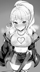 Rule 34 | 1boy, 1girl, aftersex, ahoge, asymmetrical legwear, belt, blush, braid, breasts, cleavage, cleavage cutout, closed mouth, clothing cutout, collar, collarbone, crop top, ear piercing, hair ornament, hairclip, heart, heart belt, heart cutout, hololive, jacket, large breasts, long hair, looking at viewer, midriff, miniskirt, mismatched legwear, monochrome, mp150 plus, navel, necktie, necktie grab, neckwear grab, o-ring, official alternate costume, official alternate hair length, official alternate hairstyle, open clothes, open jacket, piercing, pleated skirt, ponytail, pov, side braid, sidelocks, skirt, smile, star (symbol), star hair ornament, star o-ring, steaming body, streetwear, sweat, sweaty clothes, tank top, thighhighs, virtual youtuber, wide ponytail, yozora mel, yozora mel (streetwear)