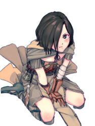Rule 34 | 1girl, bandaged arm, bandages, black hair, commentary request, dark souls (series), dark souls ii, emerald herald, full body, gloves, hair over one eye, hands on lap, highres, hood, hood down, lordlessv2, pouch, pout, shirt, simple background, sitting, solo, tears, wariza, white shirt