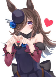 Rule 34 | 1girl, absurdres, animal ears, artist name, bad id, bad twitter id, bare shoulders, blue flower, blue rose, blurry, bow, breasts, brown hair, closed mouth, commentary, depth of field, dress, flower, fur choker, hair over one eye, hands up, happy valentine, hat, hat flower, heart, heart hands, highres, horse ears, horse girl, kaoru (h8qm9), long hair, long sleeves, looking at viewer, off-shoulder dress, off shoulder, purple dress, purple eyes, purple hat, rice shower (umamusume), rose, small breasts, smile, solo, symbol-only commentary, umamusume, upper body, watermark