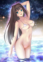 Rule 34 | 1girl, absurdres, ahoge, aozaki aoko, arm up, besmiled, bikini, blue eyes, breasts, brown hair, cleft of venus, collarbone, commentary request, glowing, glowing hair, hair intakes, highres, in water, long hair, looking at viewer, mahou tsukai no yoru, medium breasts, melty blood, melty blood: type lumina, micro bikini, navel, night, night sky, no panties, open mouth, outdoors, pussy, sidelocks, sky, smile, solo, star (sky), swimsuit, teeth, tongue, tsukihime, upper teeth only, very long hair, wading, water, wet, white bikini