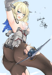 Rule 34 | 1girl, absurdres, anchor, armpits, blonde hair, blue eyes, blush, braid, breasts, colorado (kancolle), corset, elbow gloves, f6f hellcat, french braid, garrison cap, giant, giantess, gloves, grey gloves, hat, highres, inaba oden, kantai collection, looking at viewer, medium breasts, open mouth, pantyhose, short hair, signature, size difference, sky, solo, torn clothes, torn pantyhose, twitter username