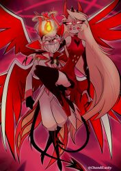 Rule 34 | 1boy, 1girl, black thighhighs, blonde hair, chandllucky, charlie morningstar, colored sclera, demon boy, demon girl, demon horns, demon tail, demon wings, dress, father and daughter, fire, formal, hat, hazbin hotel, highres, horns, long hair, lucifer morningstar (hazbin hotel), multiple wings, red dress, red horns, red sclera, sharp teeth, slit pupils, suit, tail, teeth, thighhighs, wings